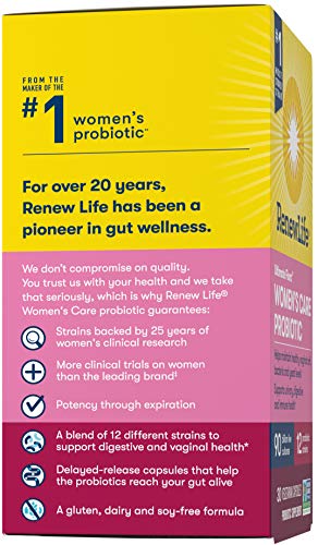 Renew Life Women's Probiotics 90 Billion CFU Guaranteed, 12 Strains, Shelf Stable, Gluten Dairy & Soy Free, 30 Capsules, Ultimate Flora Women's Care-60 Day Money Back Guarantee