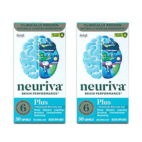 Nootropic Brain Support Supplement - NEURIVA Plus Capsules (30ct bottle) Phosphatidylserine, B6, B12, Folic Acid - Supports Focus, Memory, Learning, Accuracy, Concentration & Reasoning (Pack of 2)