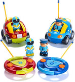2 Pack Cartoon Remote Control Cars - Police Car and Race Car - Each with Different Frequencies So Both Can Race Together - Gifts for 2 and 3 Year Old Boys - Toddler Toys for 2 + Year Old Boy