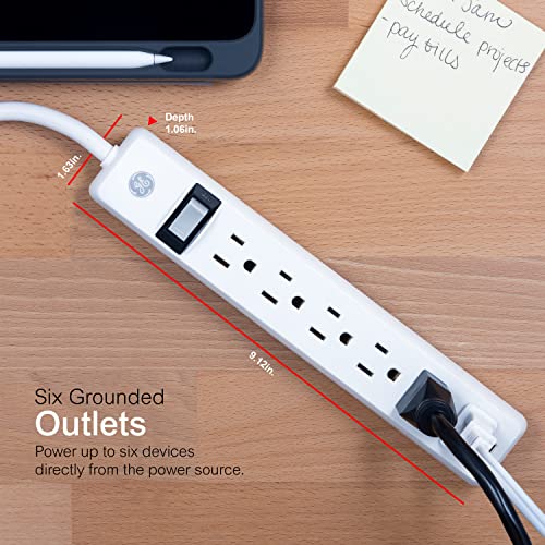 GE 6-Outlet Power Strip, 2 Pack, 2 Ft Extension Cord, Heavy Duty Plug, Grounded, Integrated Circuit Breaker, 3-Prong, Wall Mount, UL Listed, White, 14833