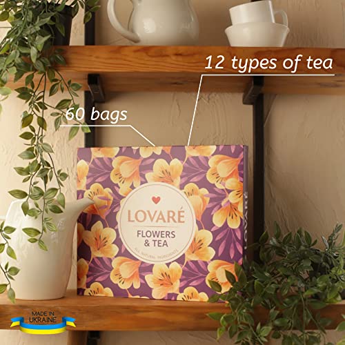 Tea Collection Set By Lovare Made in Ukraine - Herbal, Black and Green, Fruit, Lavender, Peach Assorted Tea Samplers - Fancy Variety of Tea Packets - Gift Box For Flavored Tea Lovers Men & Women - 60 bags - 12 tastes