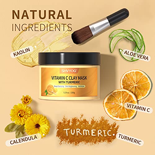Turmeric Vitamin C Clay Mask, SHVYOG Vitamin C Clay Facial Mask with Kaolin Clay and Turmeric for Dark Spots, Skin Care Turmeric Face Mask for Controlling Oil and Refining Pores 5.29 Oz
