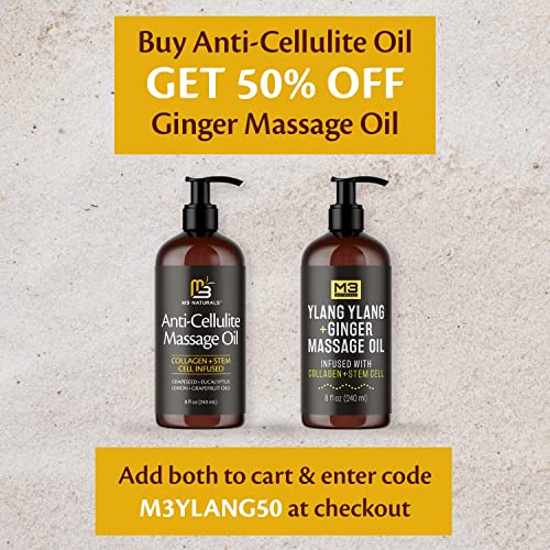 M3 Naturals Anti Cellulite Massage Oil Infused with Collagen and Stem Cell Help Tighten Tone Stretch Marks | Skin Firming Cellulite Remover Treatment | 8 Fl Oz