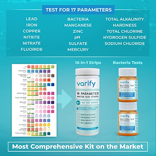 17 in 1 Premium Drinking Water Test Kit - 100 Strips + 2 Bacteria Tests - Home Water Quality Test - Well and Tap Water - Easy Testing for Lead, Bacteria, Hardness, Fluoride, pH, Iron, Copper and more!