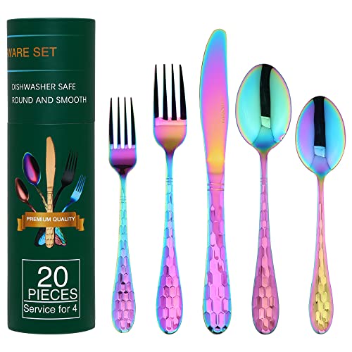 Hammered Silverware Set 20 Pieces, 18/10 Stainless Steel Colorful Silverware Set, Tableware Flatware Set for 4, Utensils Set Include Knife/Fork/Spoon, Mirror Polished, Dishwasher Safe (Rainbow)