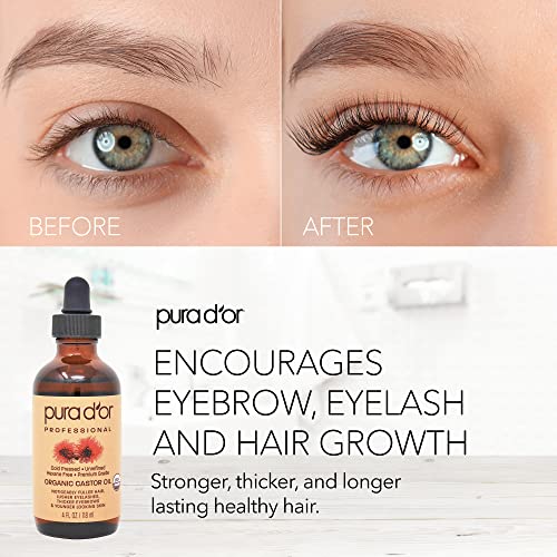 PURA D'OR Organic Castor Oil (4oz + 2 BONUS Pre-Filled Eyelash & Eyebrow Brushes) 100% Pure, Cold Pressed, Hexane Free Growth Serum For Fuller, Thicker Lashes & Brows, Moisturizes & Cleanses Skin