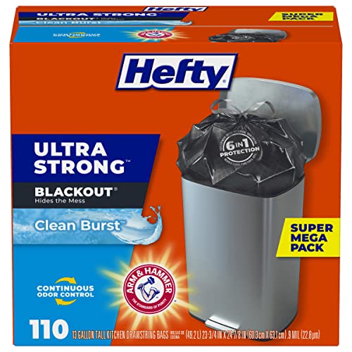 Hefty Ultra Strong Tall Kitchen Trash Bags, Blackout, Clean Burst, 13 Gallon, 110 Count
