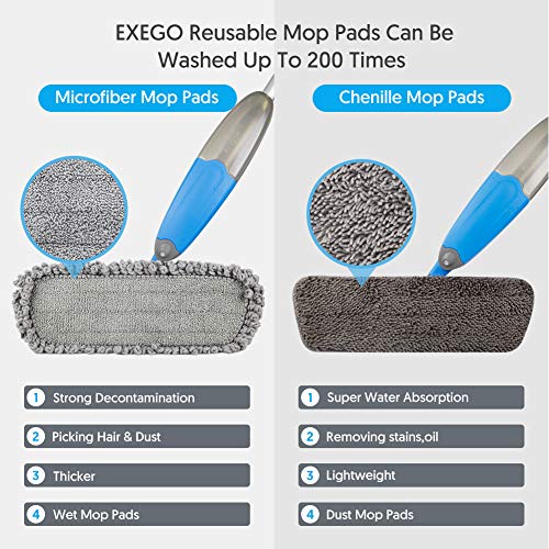 Microfiber Spray Mop for Floors Cleaning, EXEGO 360 Degree Spin Hardwood Floor Mop Laminate Floor Cleaning Mops Dry Mop for Hardwood Laminate Floor Ceramic Microfiber Mops with 3 Washable Mop Heads