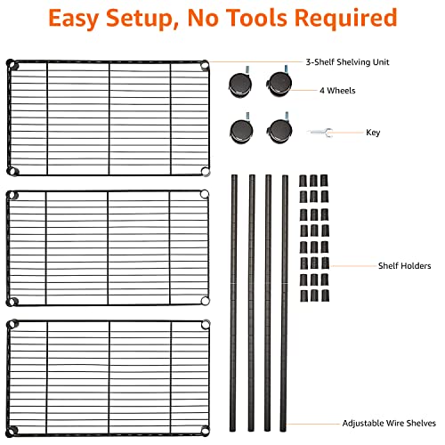 Amazon Basics 3-Shelf Adjustable, Heavy Duty Storage Shelving Unit on 4'' Wheel Casters, Metal Organizer Wire Rack, Black (23.2L x 13.4W x 32.75H)