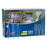 Party Bargains Disposable Cutlery set, SAPPHIRE Design, Clear Color. 360 Pieces: Knives, Spoons, Forks