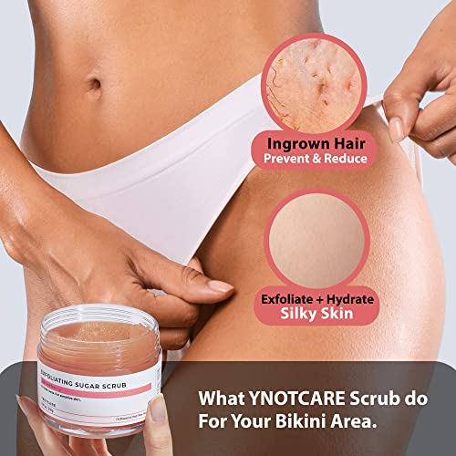 YNOTCARE Exfoliating Sugar Scrub-For Bikini Intimate Area, Sensitive Skin, Prevent Ingrown Hair and Razor Bumps After Brazilian Wax And Bikini Shave, Strawberry/8.81oz