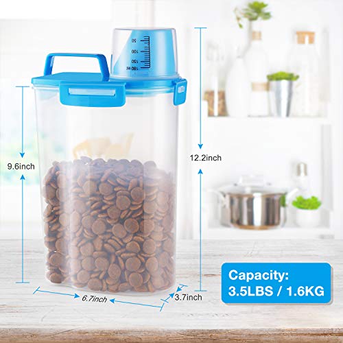 Yicostar Pet Food Storage Container, Airtight Small Dog Food Container Cat Food Container with Measuring Cup, Upgraded Large Pour Spout and 4 Seal Buckles Food Dispenser for Pets Food and Birds Seed