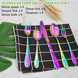 Hammered Silverware Set 20 Pieces, 18/10 Stainless Steel Colorful Silverware Set, Tableware Flatware Set for 4, Utensils Set Include Knife/Fork/Spoon, Mirror Polished, Dishwasher Safe (Rainbow)