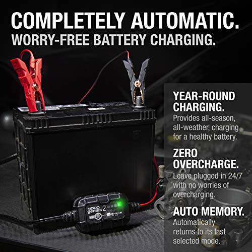 NOCO GENIUS2, 2A Fully-Automatic Smart Charger, 6V and 12V Portable Automotive Car Battery Charger, Battery Maintainer, Trickle Charger and Battery Desulfator with Temperature Compensation