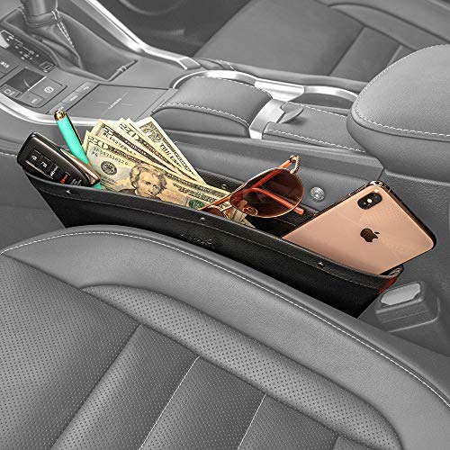 Lusso Gear 2 in 1 Car Seat Gap Organizer, Universal Fit, Adjustable Storage Pockets, 2 Set Front Car Seat Crevice Storage Box, Helps Reduce Distracted Driving & Holds Phones, Glasses, Keys, and More (Black)