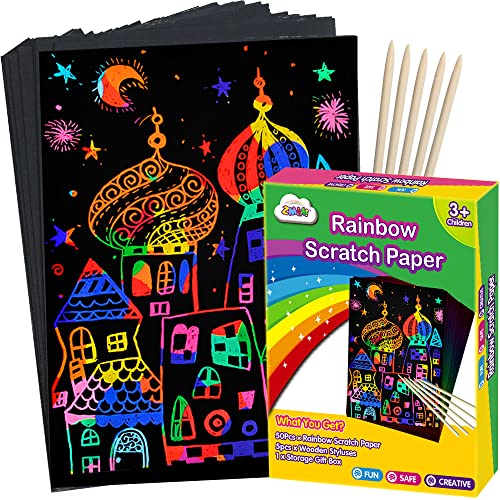 ZMLM Scratch Paper Art Set, Rainbow Magic Scratch Paper for Kids Black Scratch it Off Art Crafts Kits Notes Boards Sheet with 5 Wooden Stylus for Girl Boy Easter Party Game Christmas Birthday Gift