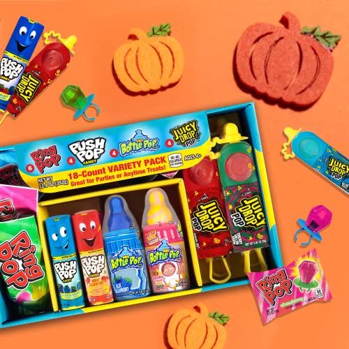 Bazooka Candy Brands Halloween Candy Box - 18 Count Lollipops W/ Assorted Flavors From Ring Pop, Push Pop, Baby Bottle Pop & Juicy Drop - Candy Gift Box For Halloween - 15.8 Ounce (Pack Of 1)