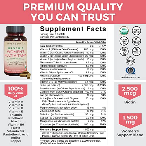 Organic Women Multivitamin with Iron - Daily Energy, Digestive Balance, and Immune Support Supplement, with Vitamin B12, C, D, and E, Iron, Folate and Probiotics, Non-GMO Immunity Vitamins, 90 Tablets